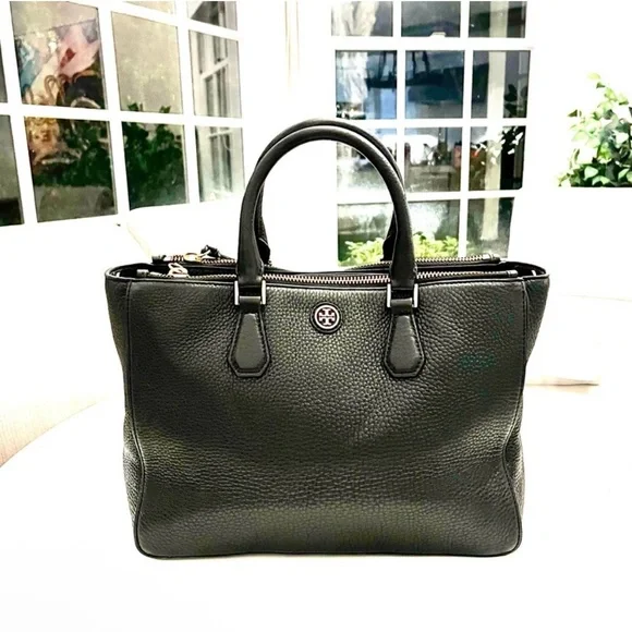 Tory Burch Black pebbled Leather Tote Bag with remov crossbody strap and dusty - Picture 6 of 10